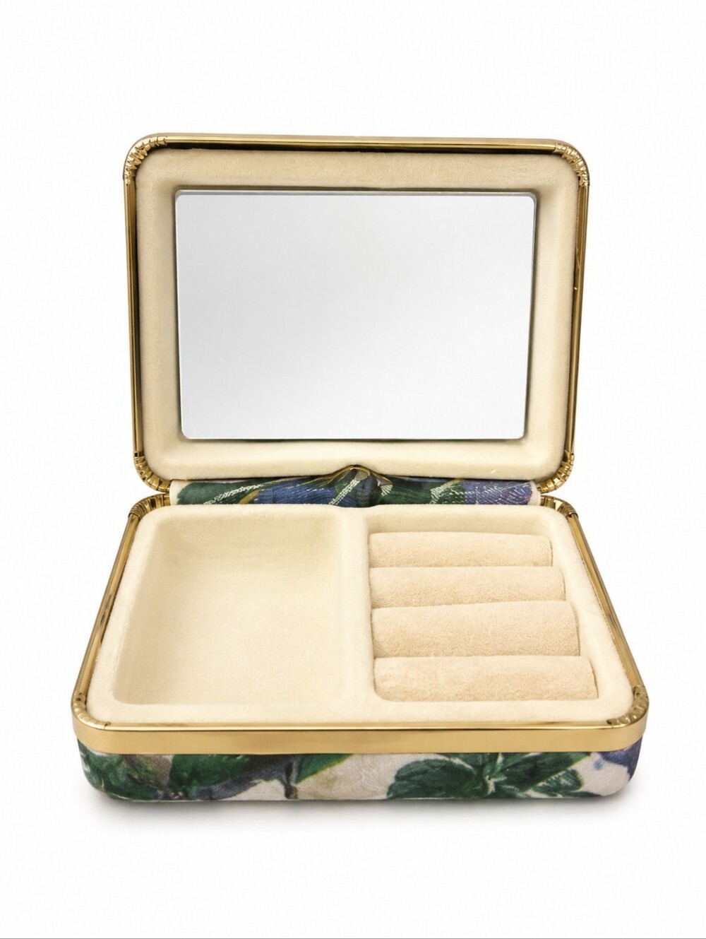 Vintage Floral Velvet Jewelry Box with Mirror - Gold Trim, Cream Interior